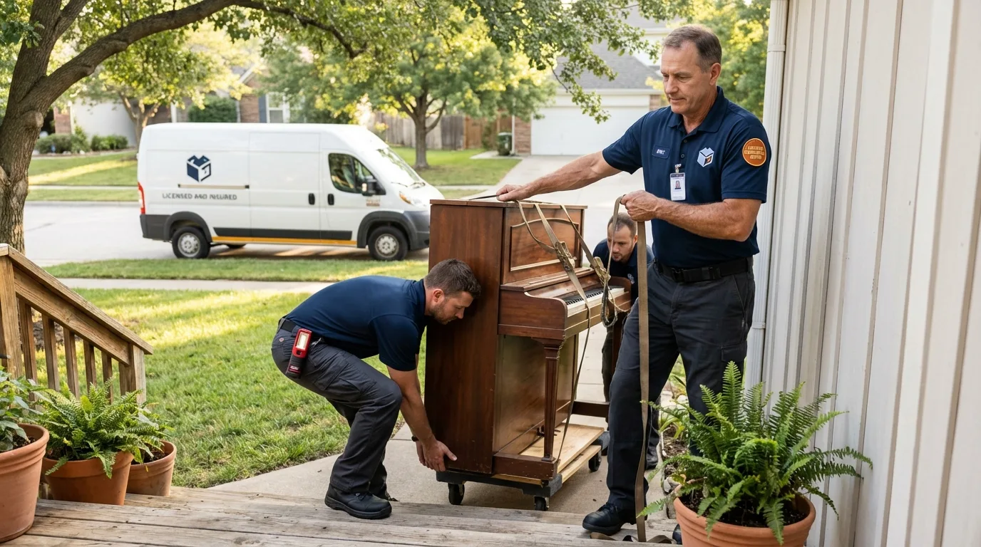 Licensed piano movers securing grand piano in Milan, MO