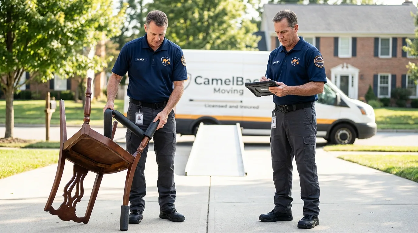 Movers inspecting furniture for damage prevention before loading in Milan, MO