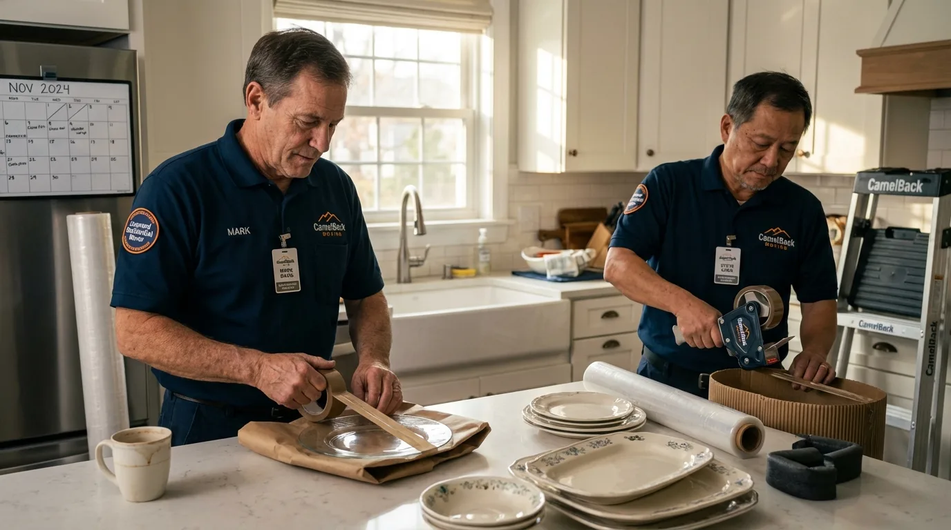 Professional crew packing kitchen dishware in Milan, MO